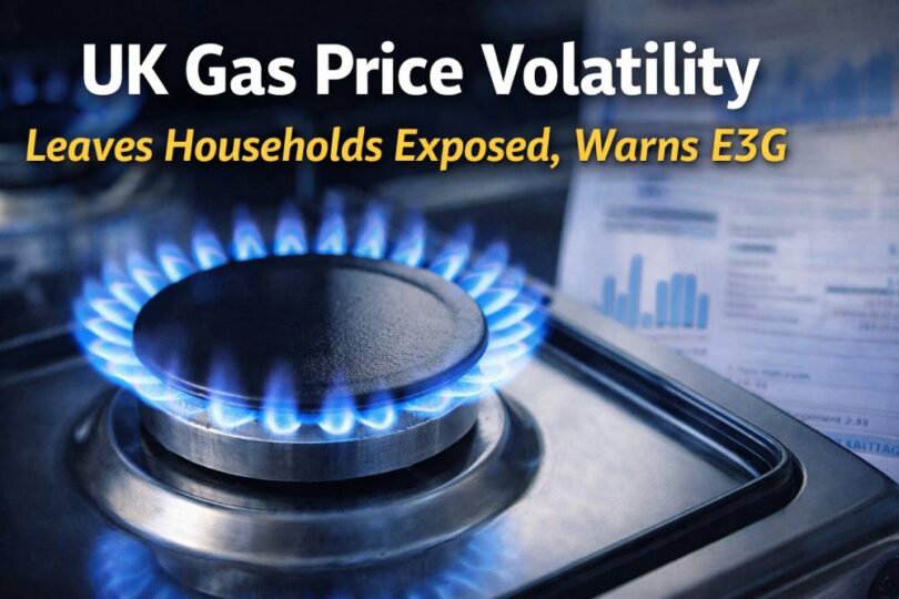 UK gas price volatility affecting household energy bills shown by gas flame on hob