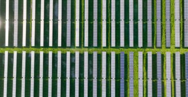 aerial view of solar panels field representing renewable energy projects developed by Matrix Renewables