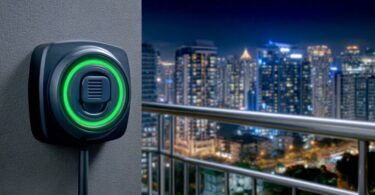 Electrification innovation in the United States with residential EV charger on urban balcony at night