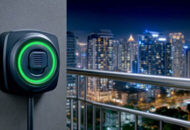Electrification innovation in the United States with residential EV charger on urban balcony at night
