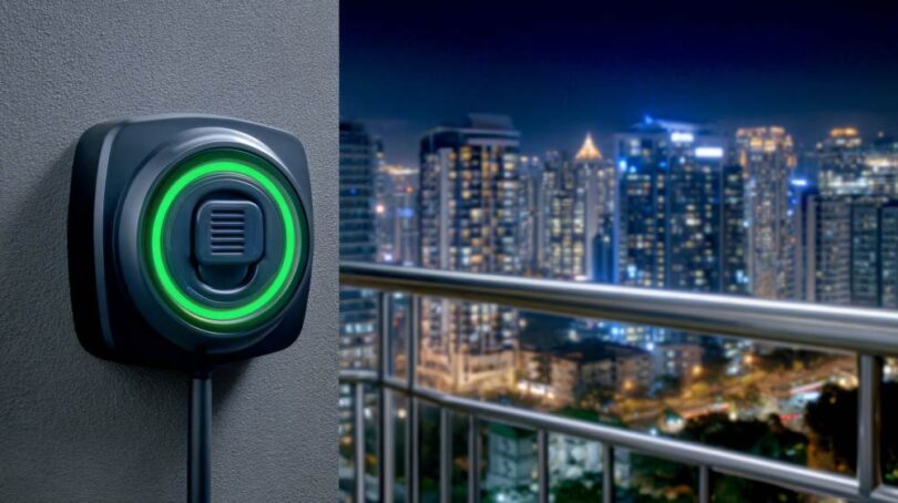Electrification innovation in the United States with residential EV charger on urban balcony at night