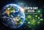Earth Day 2026 global climate action concept showing planet Earth from space with sustainability and clean energy icons