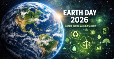 Earth Day 2026 global climate action concept showing planet Earth from space with sustainability and clean energy icons