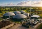 anaerobic digestion technology for renewable natural gas facility with large biogas tanks and industrial processing infrastructure in rural landscape