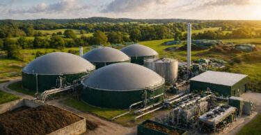anaerobic digestion technology for renewable natural gas facility with large biogas tanks and industrial processing infrastructure in rural landscape