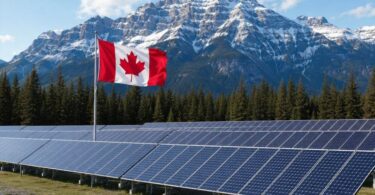 Canadian solar energy installation with national flag and mountain landscape representing clean energy investment