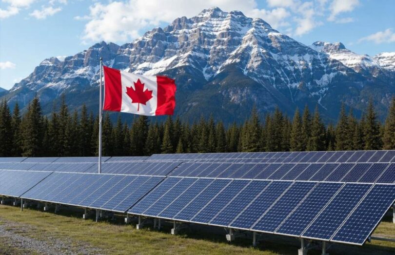 Canadian solar energy installation with national flag and mountain landscape representing clean energy investment
