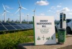Renewable energy infrastructure and electric vehicle charging representing the UK Energy Independence Bill and clean power transition