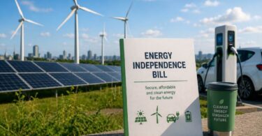 Renewable energy infrastructure and electric vehicle charging representing the UK Energy Independence Bill and clean power transition