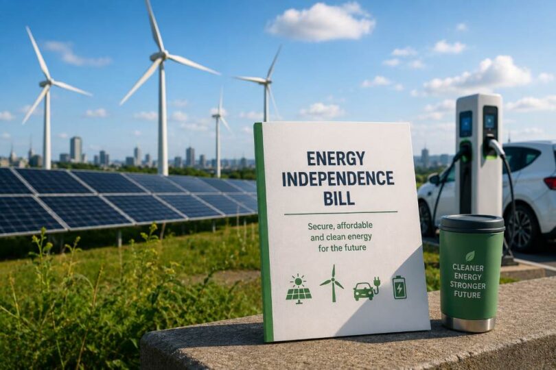 Renewable energy infrastructure and electric vehicle charging representing the UK Energy Independence Bill and clean power transition