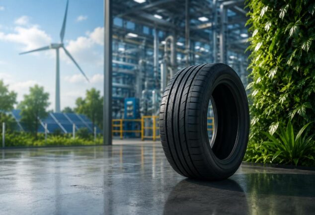 sustainable tyre manufacturing concept with industrial facility and renewable energy infrastructure