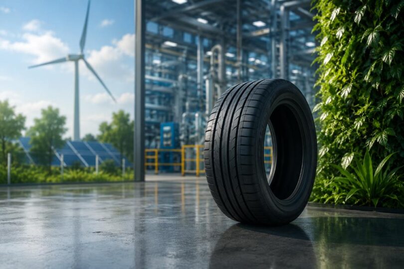 sustainable tyre manufacturing concept with industrial facility and renewable energy infrastructure