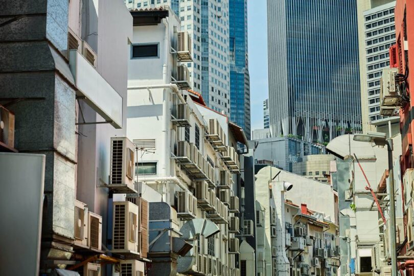 Grundfos sustainable cooling systems megacities urban buildings showing dense city environment and cooling demand context