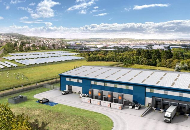 Aerial visualisation of an industrial site showing Caldera thermal-storage heat-battery units beside a warehouse, with an adjacent solar farm