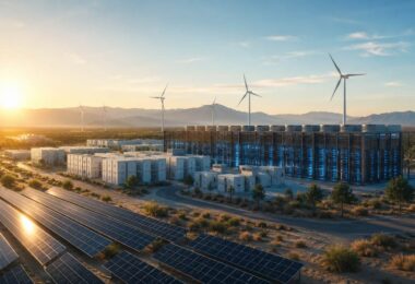 AI data centre powered by renewable energy and solar infrastructure representing the GIGATONS and Schneider Electric partnership.