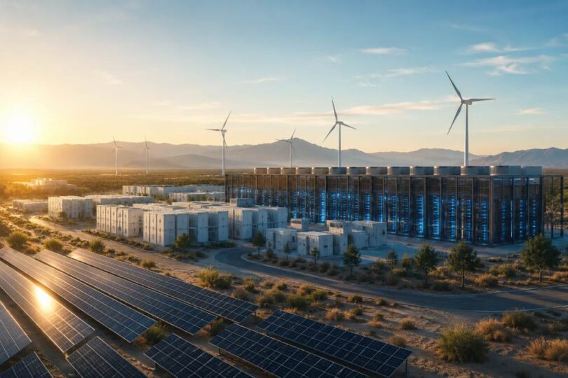 AI data centre powered by renewable energy and solar infrastructure representing the GIGATONS and Schneider Electric partnership.
