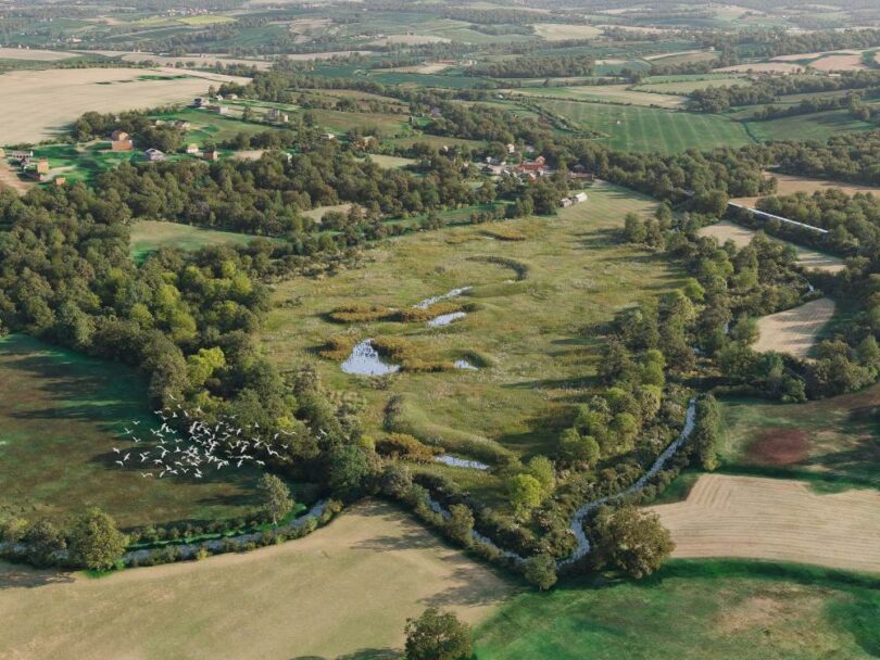 Aerial view of the 17-hectare Ashurst biodiversity net gain site in Kent, where Wates Wildscape and Cura Terrae are creating grasslands, woodlands, ponds and wetland habitats.