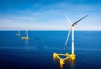 EFGL floating offshore wind turbines on yellow semi-submersible foundations in the French Mediterranean