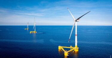EFGL floating offshore wind turbines on yellow semi-submersible foundations in the French Mediterranean