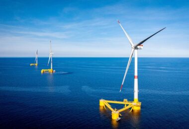 EFGL floating offshore wind turbines on yellow semi-submersible foundations in the French Mediterranean
