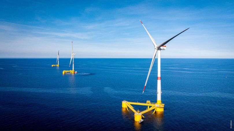 EFGL floating offshore wind turbines on yellow semi-submersible foundations in the French Mediterranean