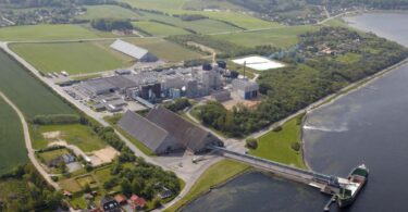 Aerial view of Dansk Salt's fully electrified salt production facility in Mariager, Denmark
