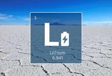 Lithium symbol over a salt flat representing direct lithium extraction from brine