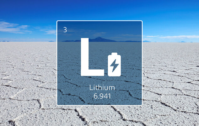 Lithium symbol over a salt flat representing direct lithium extraction from brine