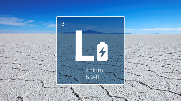 Lithium symbol over a salt flat representing direct lithium extraction from brine
