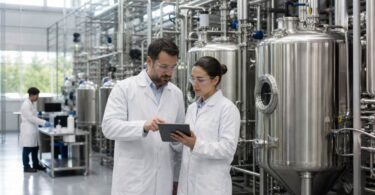 Technicians reviewing data beside stainless steel fermentation tanks in a modern biomanufacturing facility