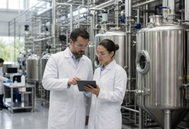 Technicians reviewing data beside stainless steel fermentation tanks in a modern biomanufacturing facility