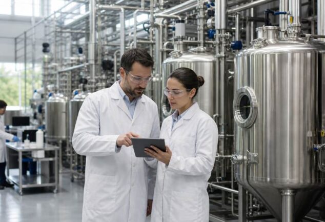 Technicians reviewing data beside stainless steel fermentation tanks in a modern biomanufacturing facility