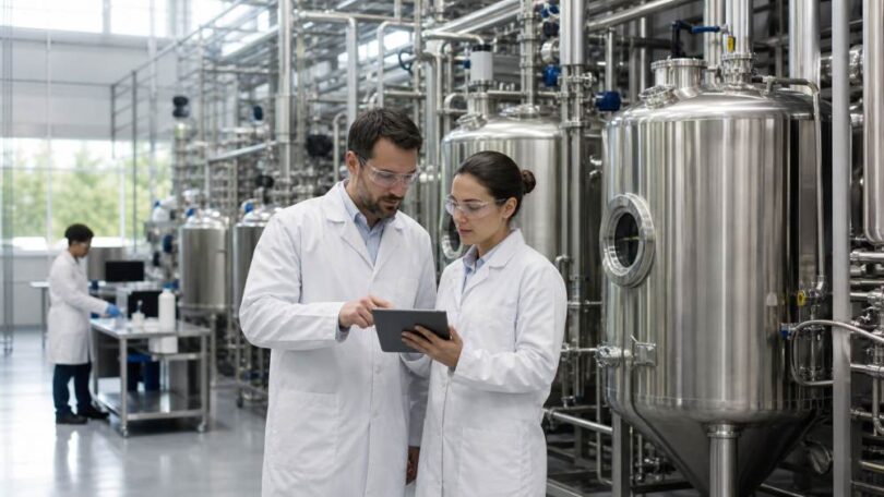 Technicians reviewing data beside stainless steel fermentation tanks in a modern biomanufacturing facility