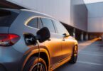 Electric car charging outside a modern building during sunset