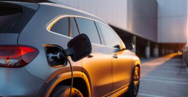 Electric car charging outside a modern building during sunset
