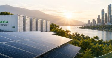 Solar panels and energy storage containers overlooking a city skyline