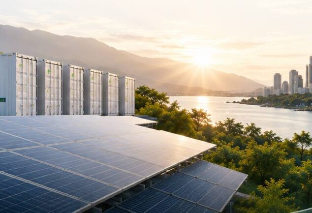Solar panels and energy storage containers overlooking a city skyline