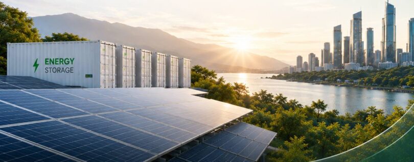 Solar panels and energy storage containers overlooking a city skyline
