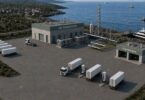 Hydrogen production and compression facility with tube trailers near offshore wind turbines