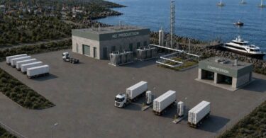 Hydrogen production and compression facility with tube trailers near offshore wind turbines
