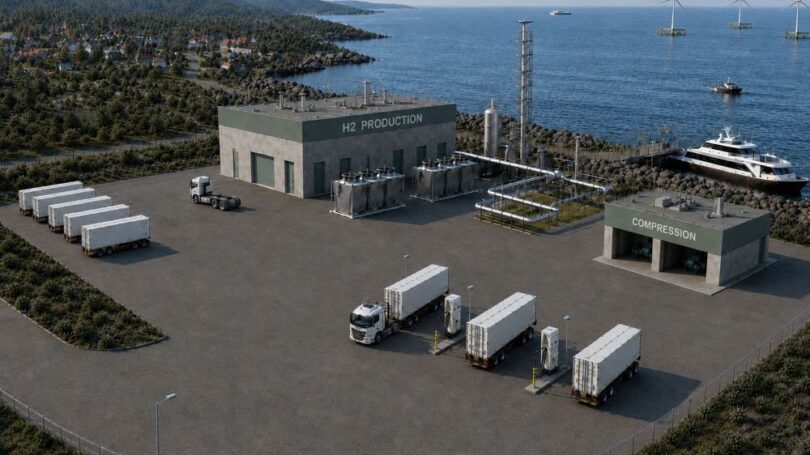 Hydrogen production and compression facility with tube trailers near offshore wind turbines