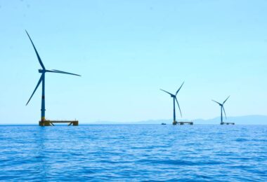 Three floating offshore wind turbines at the EFGL project off the coast of France