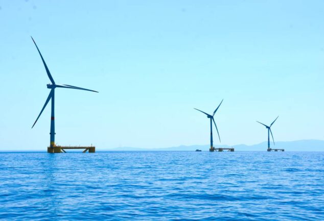 Three floating offshore wind turbines at the EFGL project off the coast of France
