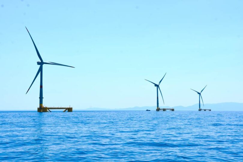 Three floating offshore wind turbines at the EFGL project off the coast of France