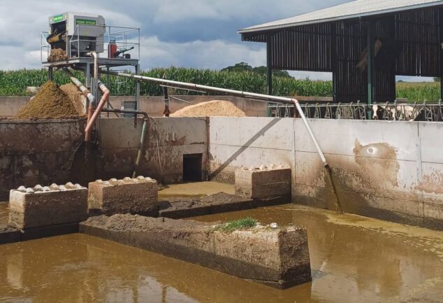 Slurry store and farm mixing equipment at an agricultural site