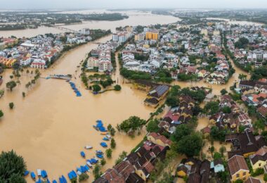 Aerial view of severe flooding across an urban area