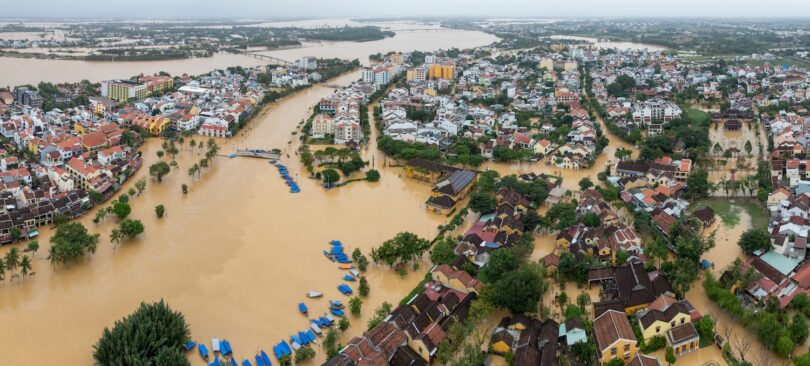 Aerial view of severe flooding across an urban area