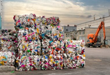 Bales of plastic waste stacked at an industrial recycling facility