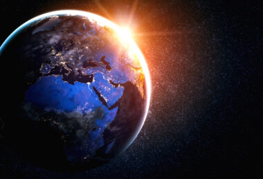 Planet Earth seen from space, showing a realistic globe surface and world map.