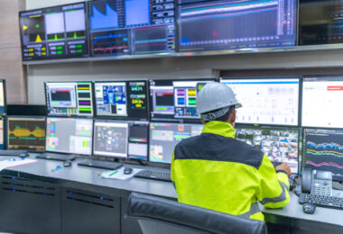 Engineer and technician in a control room monitoring a program across multiple computer screens